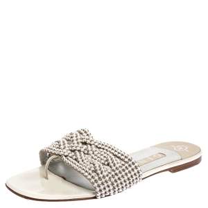 Pre Owned Gina White Leather Crystal Embellished Slide Flats Size 38.5