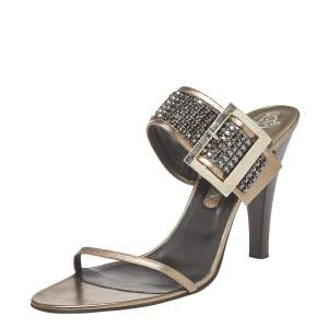 Gina Metallic Leather Crystal Embellished Ankle Wrap Sandals Size 41