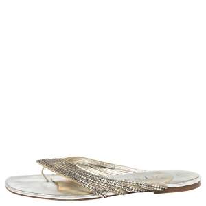 Pre Owned Gina Silver Leather Crystal Embellished Thong Flats Size 41