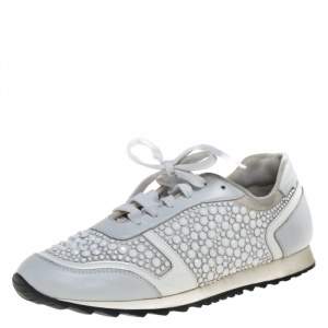 Gina White Satin And Leather Crystal Embellished Lace Up Sneakers Size 40