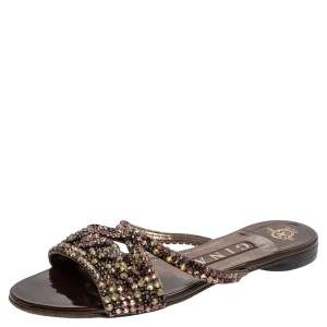 Pre Owned Gina Brown Patent Leather Crystal Embellished Flat Slides Size 37