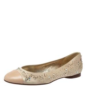Gina Beige Satin And Leather Crystal Embellished Ballet Flats Size 39.5