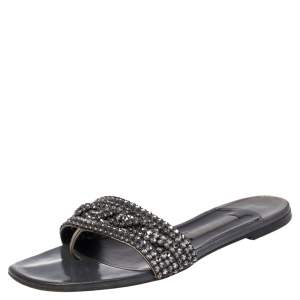 Pre Owned Gina Grey Leather Crystal Embellished Slide Flats Size 38.5