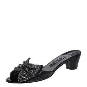 Gina Black Leather Embellished Bow Slide Sandals Size 38