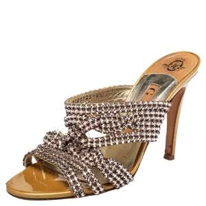 Gina Metallic Gold Crystal Embellished Leather Slide Sandals Size 37.5