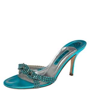 Gina Blue Crystal Embellished Leather Zeta Slide Sandals Size 39.5