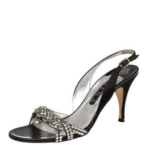 Gina Black Satin Crystal Embellished Slingback Sandals Size 39.5
