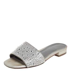 Gina Grey Leather Crystal Embellished Slide Sandals Size 37.5