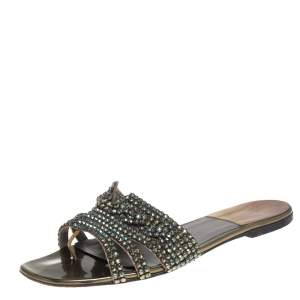 Pre Owned Gina Metallic Green Leather Crystal Embellished Flats Size 41