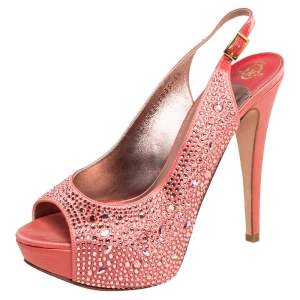 Gina Peach Satin Crystal Embellished Platform Peep Toe Slingback Sandals Size 38.5