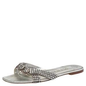 Gina Silver Leather Crystal Embellished Slide Sandals Size 39