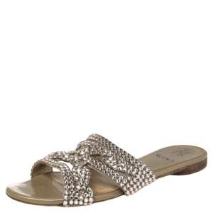 Pre Owned Gina Beige Leather Crystal Embellished Loren Flat Sandals Size 38