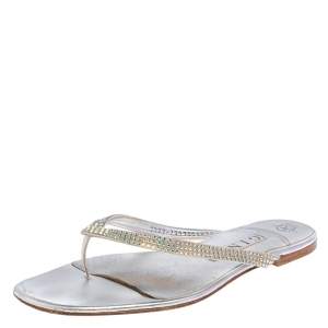 Gina Silver Leather Crystal Embellished Thong Flats Size 40.5