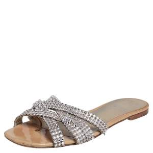 Pre Owned Gina Cream Patent Leather Crystal Embellished Crisscross Slide Flats Size 40