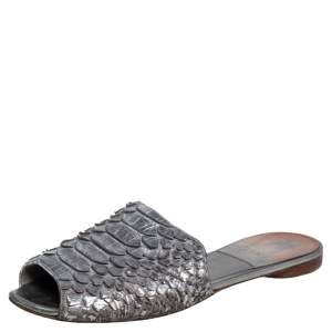 Pre Owned Gina Silver Python Leather  Slide Flat Sandals Size 38