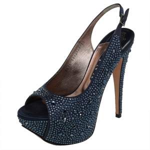 Gina Navy Blue Satin Crystal Embellished Platform Peep Toe Slingback Sandals Size 38.5