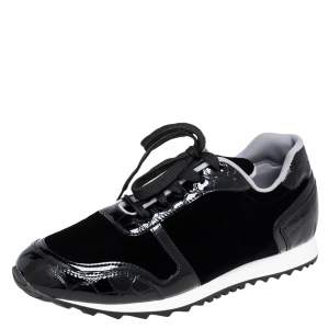 Pre Owned Gina Black Velvet and Croc Embossed Patent Leather Low Top Sneakers Size 40