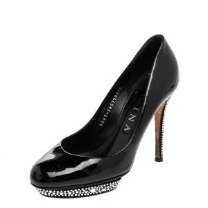 Gina Black Patent Leather Crystal Embellished Pumps Size 38 