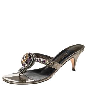 Gina Metallic Olive Green Patent Leather Crystal Embellished Slide Sandals Size 39.5