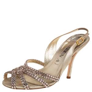 Pre Owned Gina Metallic Gold Leather Crystal Embellished Peep Toe Slingback Sandals Size 38.5
