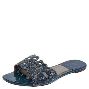 Gina Blue Leather Crystal Embellished Flat Slides Size 39.5