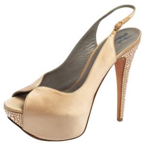 Gina Beige Satin Crystal Embellished Slingback Platform Sandals Size 40