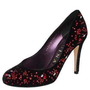 Gina Black Velvet  Embellished Round Toe Pumps Size 37