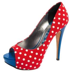 Gina Red Polka Dot Fabric Peep Toe Platform Pumps Size 38