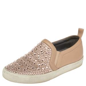 Pre Owned Gina Dusty Pink Leather and Suede Gioia Crystals Slip On Sneakers Size 36