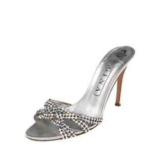 Gina Silver Leather Crystal Embellished Slide Sandals 38.5