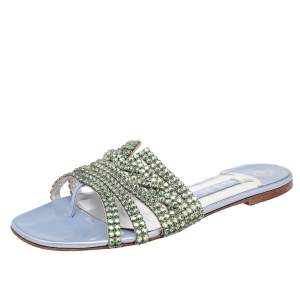 Gina Green Leather Crystal Embellished Flat Slide Sandals Size 38.5