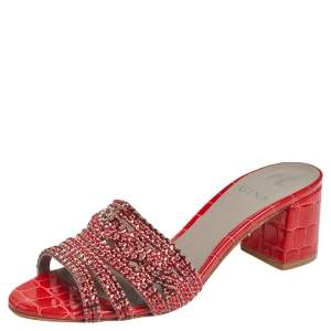 Gina Red  Croc Embossed Patent Leather Rodeo Crystal Embellished Block Heel Slides Size 38