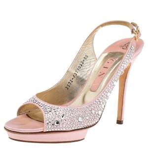 Gina Pink Satin Jewel Embellished Slingback Open Toe Platform Sandals Size 38.5