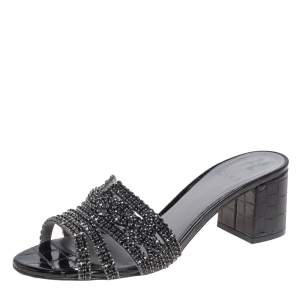Gina Black Croc Embossed Leather Crystal Embellished  Loren Slide Sandals Size 39.5