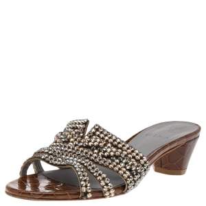 Gina Brown Crystal Embellished Croc Embossed Patent Leather Block Heel Slides Size 38.5