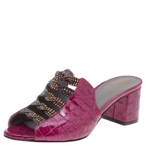 Pre Owned Gina Pink Croc Embossed Patent Leather Embellished Rodeo Block Heel Slides Size 38.5