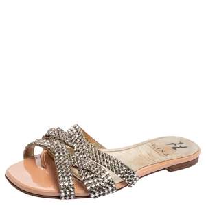 Gina Beige Leather Crystal Embellished Slide Sandals Size 38
