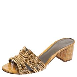 مملوكة مسبقًا Gina Beige Croc Embossed Patent Leather Crystal Embellished Loren Slide Sandals Size 40.5