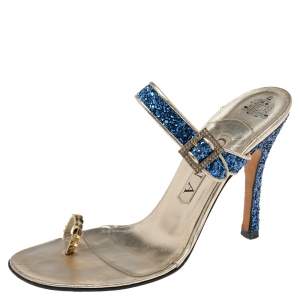 Pre Owned Gina Blue/Gold Glitter and Leather Toe-Ring Sandals Size 38.5