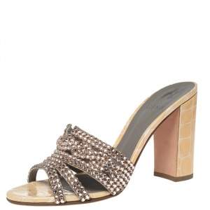 Gina Beige Crystal Embellished Leather Loren Block Heel Slide Sandals Size 39