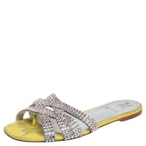 مملوكة مسبقًا Gina Lime Yellow/Silver Crystal Embellished Leather Flat Slides Size 38.5