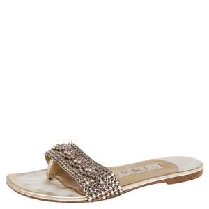 Pre Owned Gina Metallic Gold Leather Crystal Embellished Flat Sandals Size 37