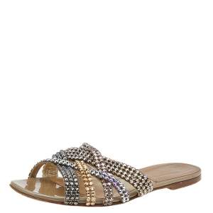 Pre Owned Gina Multicolor Crystal Embellished Leather Flat Slides Size 36.5