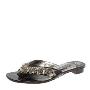 Gina  Black Patent Leather Crystal Embellished Slide Sandals Size 39