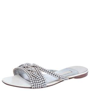Pre Owned Gina White Leather Crystal Embellished Flat Slides Size 39.5