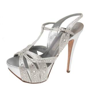Gina Grey Leather Crystals Embellished T Strap Platform Sandals Size 39.5
