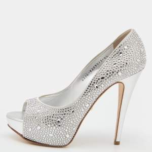 Gina Silver Satin Crystal Embellished Peep Toe Platform Pumps Size 39.5