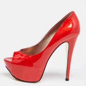 Pre Owned Gina Red Patent Leather Platform Peep Toe Pumps Size 37.5