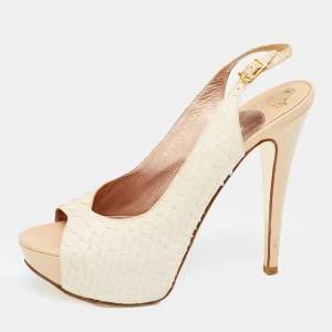 Gina Beige Python Leather Peep Toe Platform Slingback Sandals Size 38.5