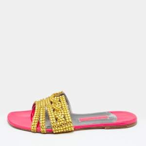 Pre Owned Gina Gold/Pink Crystals Embellished Leather Thong Flat Slides Size 39.5